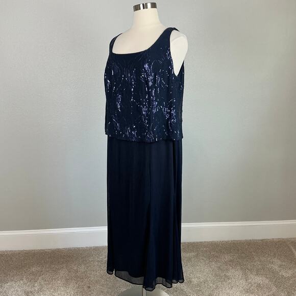 Alex Evenings Sequined Chiffon Midi A-Line Cocktail Dress Navy Blue Size 24W - Picture 5 of 12